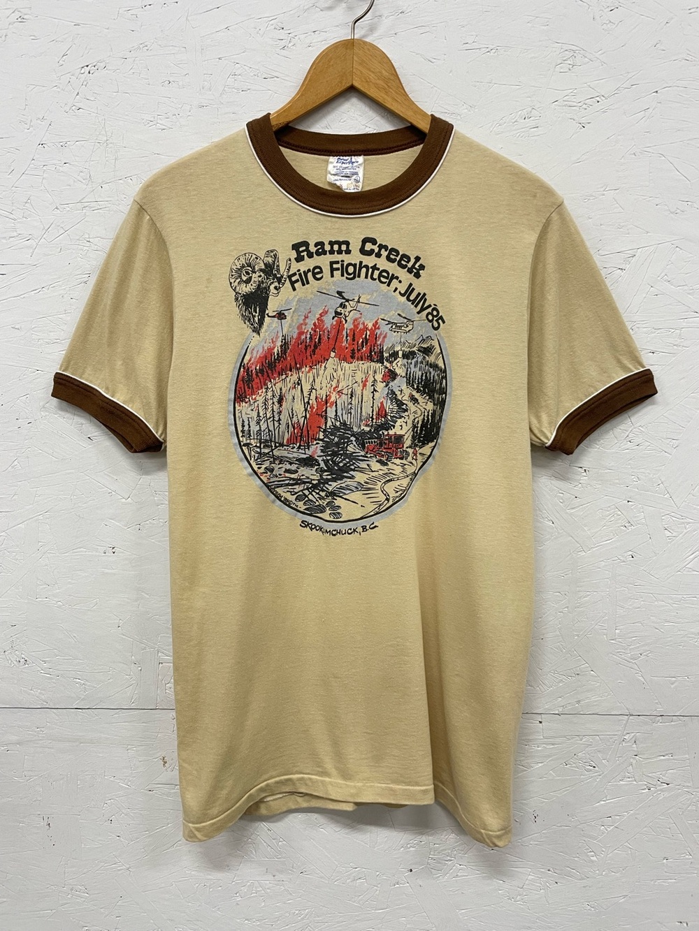 Rare 1985 Skookumchuck, BC, Ram Creek Forest Fire Ringer Tee, Size L/Fits S